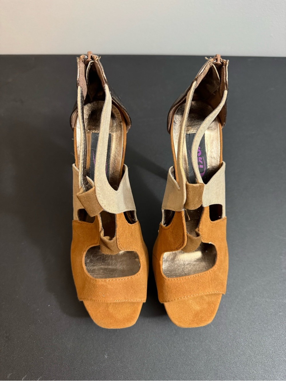Yoki Two-Tone Tan & Beige Suede Cutout Heels